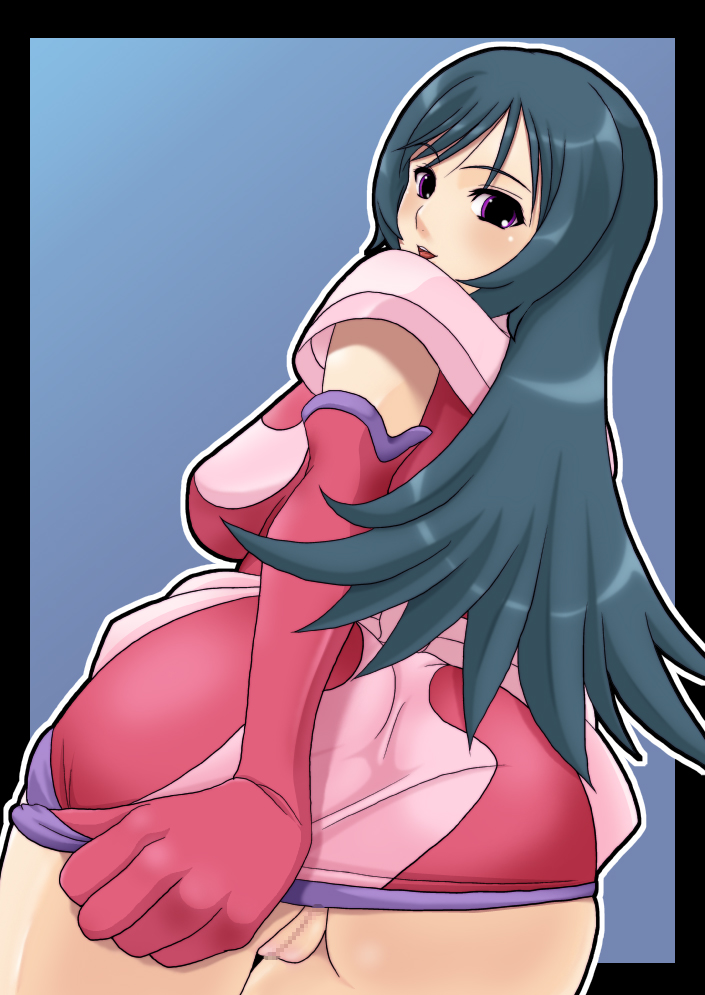 tomatto (@ma!), kotona elegance, zoids, zoids genesis, 00s, 1girl, aqua hair, ass, censored, cleft of venus, covering ass, covering privates, dress, dress tug, elbow gloves, female focus, from behind, gloves, long hair, looking back, no panties, purple eyes, pussy, smile, solo