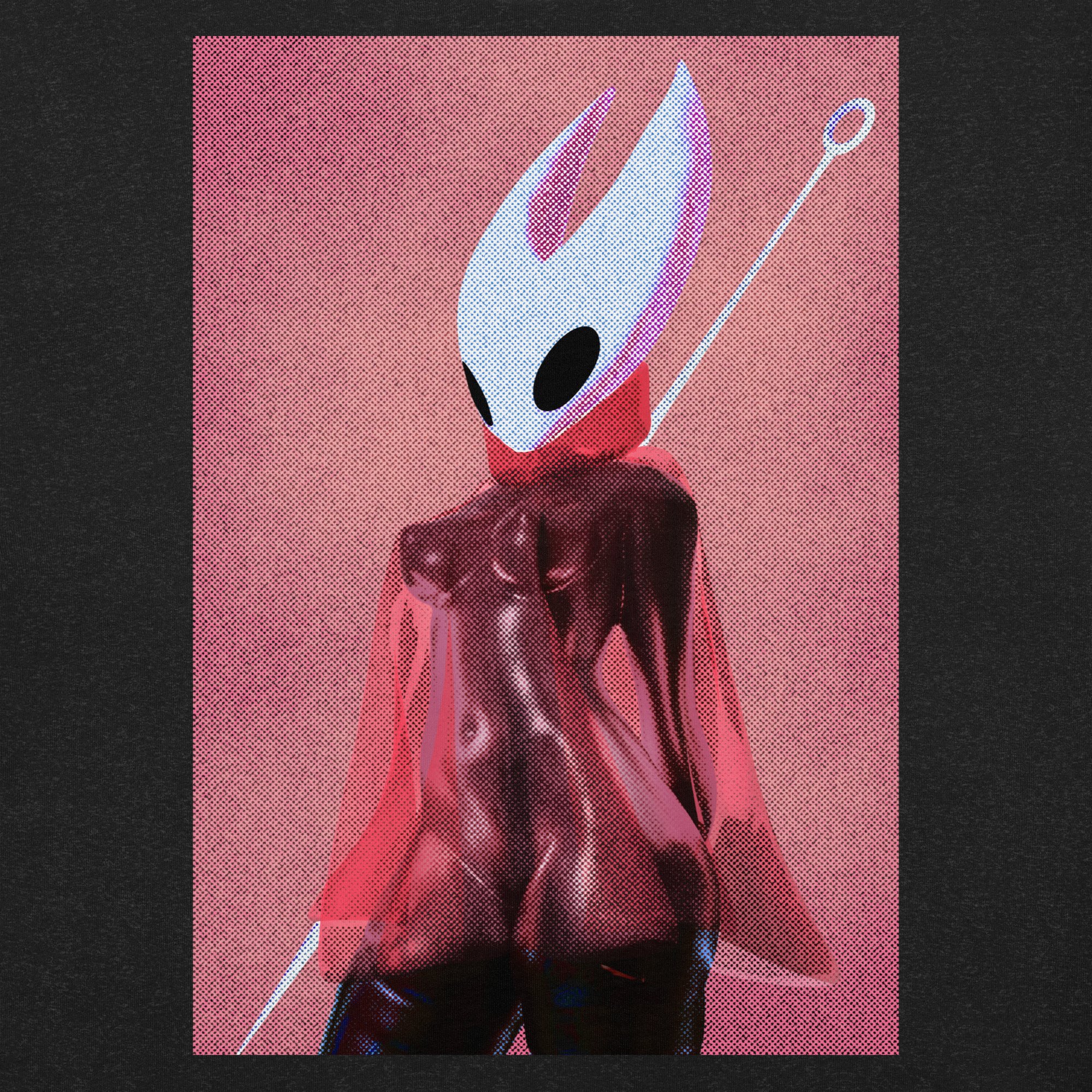 hornet (hollow knight), hollow knight, hollow knight: silksong, black bodystocking, highres, arthropod girl, black skin, cloak, coinflower, colored skin, hollow eyes, needle (hollow knight), needle sword, red cloak, white mask
