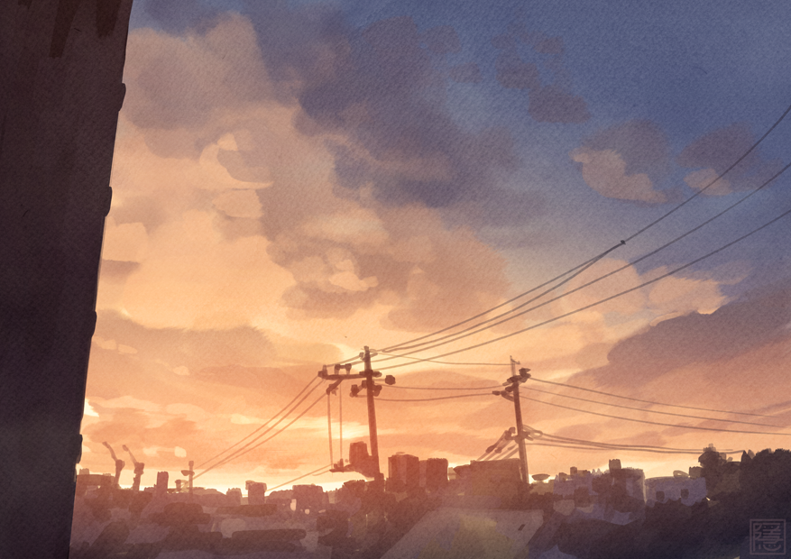 yk funa, original, commentary request, artist logo, blue sky, building, cloud, cloudy sky, logo, no humans, orange sky, outdoors, power lines, scenery, sky, sunset, townscape, utility pole