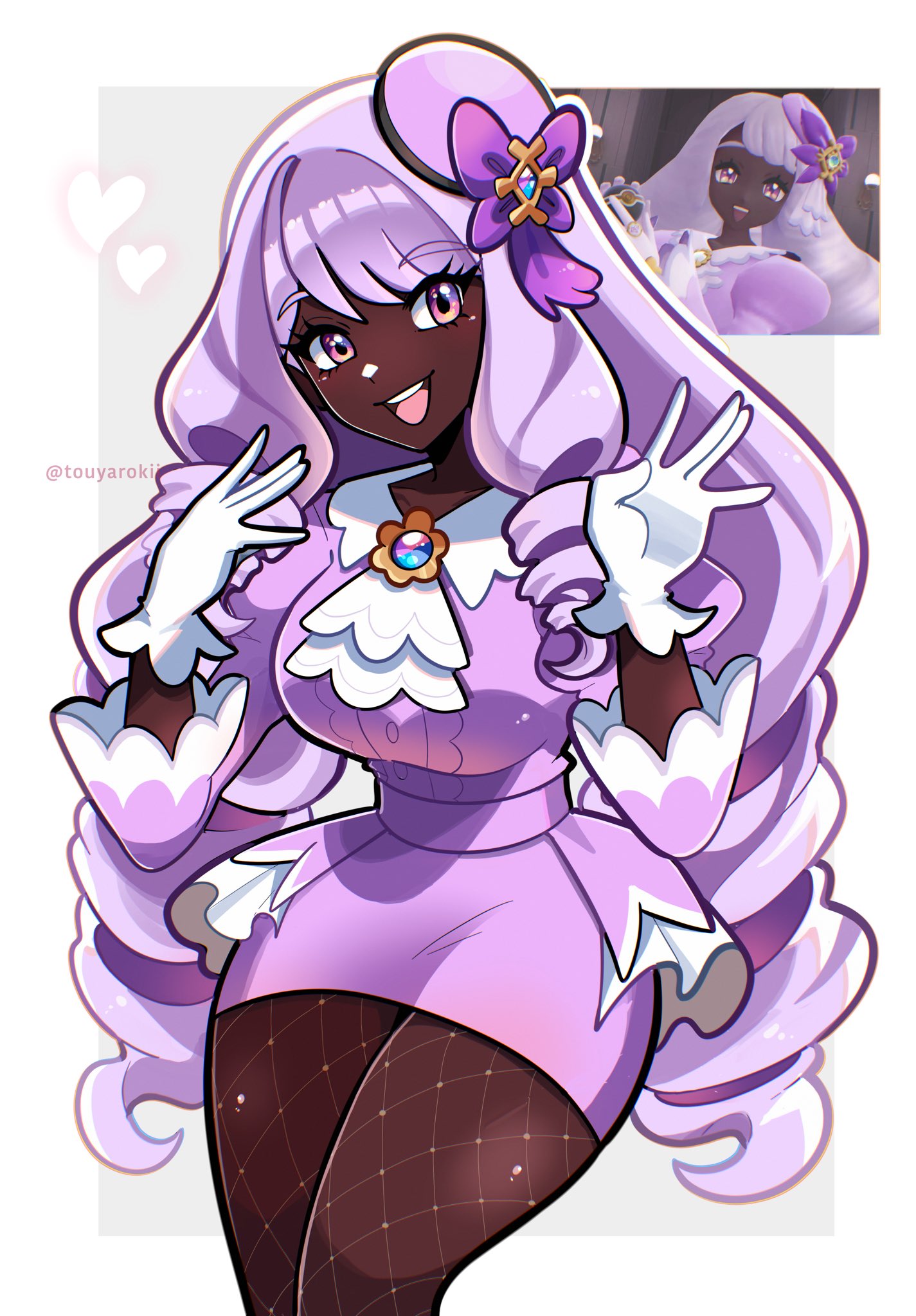 touyarokii, jacinthe (pokemon), nintendo, pokemon, pokemon legends: z-a, highres, 1girl, ascot, bow, breasts, dark-skinned female, dark skin, dress, fascinator, fishnet pantyhose, fishnets, frilled ascot, frills, game screenshot inset, gloves, heart, juliet sleeves, large breasts, long hair, long sleeves, looking at viewer, low drills, open mouth, pantyhose, puffy sleeves, purple bow, purple dress, purple eyes, purple hair, smile, teeth, upper teeth only, very dark skin