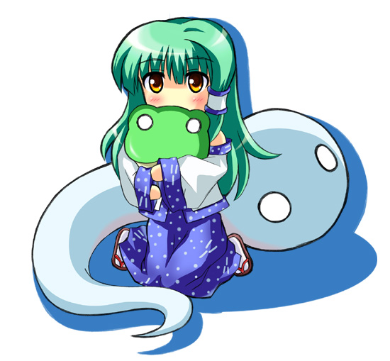 tokiniwa, kochiya sanae, touhou, 1girl, blush, chibi, detached sleeves, female focus, frog, hugging object, kneeling, pillow, pillow hug, simple background, snake, solo, white background