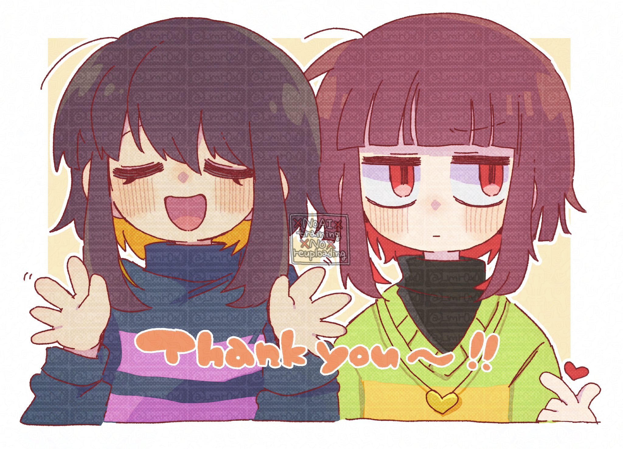 mr0x0, chara (undertale), frisk (undertale), undertale, utdr (toby fox), commentary request, highres, 2others, :d, ahoge, antenna hair, black shirt, blonde hair, blue sweater, blunt bangs, blush, bob cut, border, brown hair, closed eyes, closed mouth, colored inner hair, facing viewer, finger heart, gold necklace, green sweater, hair between eyes, hand up, hands up, heart, heart necklace, jewelry, jitome, long sleeves, looking to the side, medium hair, multicolored hair, multiple others, necklace, open mouth, other focus, outside border, pink sweater, puffy long sleeves, puffy sleeves, red eyes, red hair, shirt, sidelocks, simple background, smile, straight-on, striped clothes, striped sweater, sweater, tongue, too many watermarks, turtleneck, turtleneck shirt, turtleneck sweater, two-tone hair, two-tone sweater, u u, v-shaped eyebrows, watermark, white border, yellow background, yellow sweater