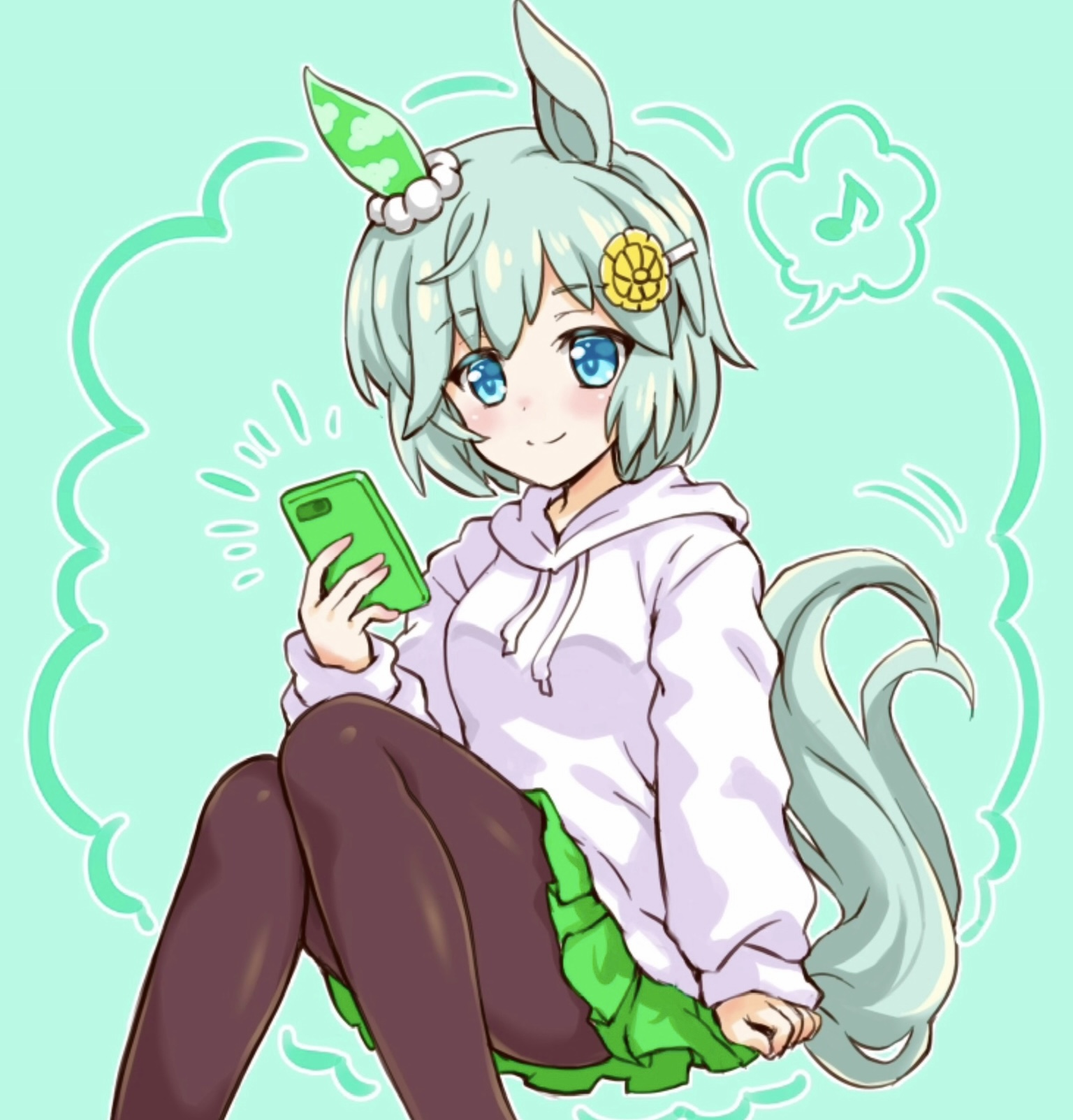 kuromori yako, seiun sky (umamusume), umamusume, highres, 1girl, animal ears, black pantyhose, blue eyes, blush, cellphone, closed mouth, ear covers, flower, green skirt, grey hair, hair between eyes, hair flower, hair ornament, hairclip, holding, holding phone, hood, hoodie, horse ears, horse girl, horse tail, long sleeves, musical note, pantyhose, phone, short hair, single ear cover, skirt, smartphone, smile, solo, speech bubble, spoken musical note, sunflower, sunflower hair ornament, tail, white hoodie