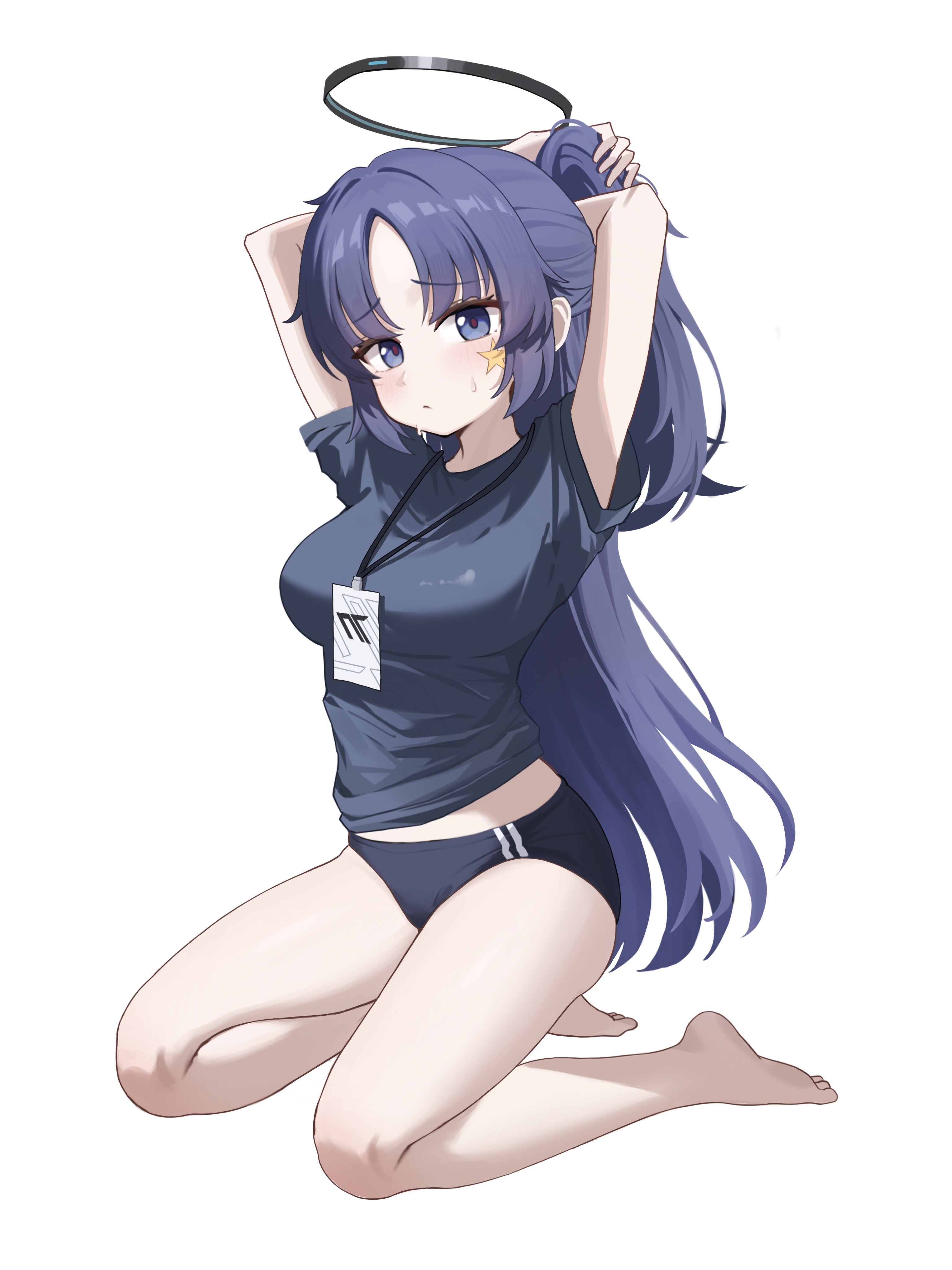 xiaoxiaoyifan, yuuka (blue archive), yuuka (track) (blue archive), blue archive, absurdres, commentary, highres, 1girl, arms behind head, bare legs, barefoot, black buruma, black halo, black shirt, blue eyes, blush, breasts, buruma, closed mouth, frown, full body, furrowed brow, gym shirt, gym uniform, half updo, halo, holding, holding own hair, id card, large breasts, legs, long hair, looking at viewer, mechanical halo, midriff, millennium science school logo, official alternate costume, official alternate hairstyle, parted bangs, ponytail, purple hair, red pupils, shirt, short sleeves, simple background, solo, star (symbol), star sticker, sticker, sticker on face, straight hair, sweat, thighs, very long hair, white background