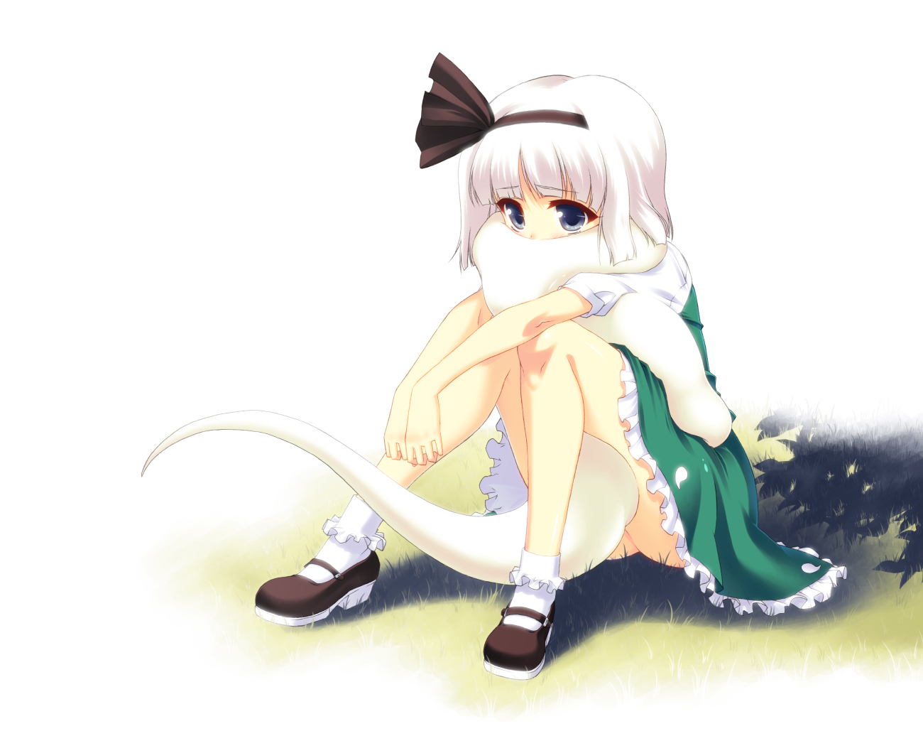 hyouju issei, tsukiyo-b, konpaku youmu, konpaku youmu (ghost), touhou, 1girl, blue eyes, blunt bangs, bob cut, bobby socks, female focus, ghost, grey eyes, hair ribbon, hitodama, mary janes, ribbon, scarf, shoes, short hair, sitting, socks, solo, white hair