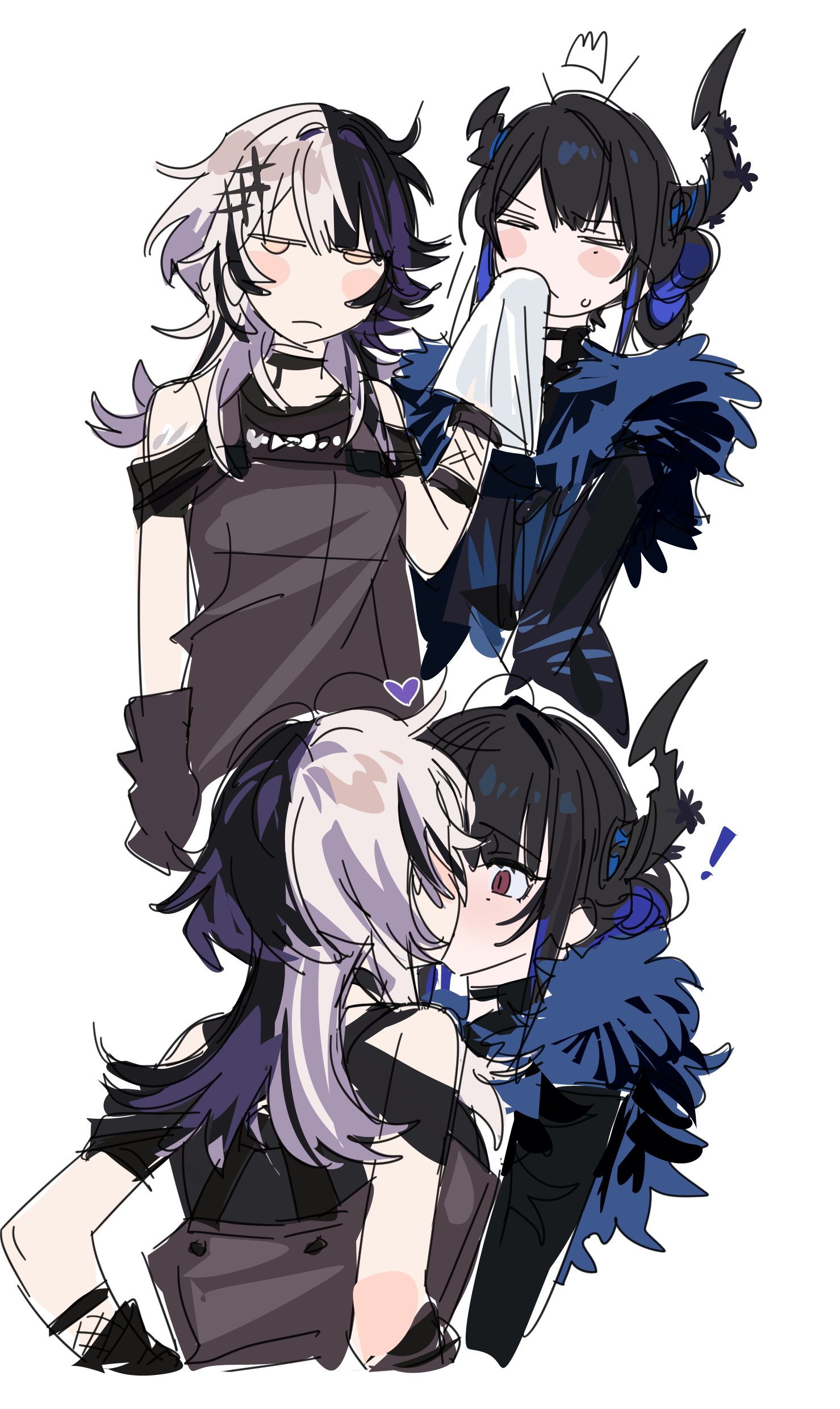 yomosaka, nerissa ravencroft, shiori novella, hololive, hololive english, absurdres, highres, !, 2girls, ^^^, alternate costume, annoyed, asymmetrical horns, black dress, black hair, black horns, blush stickers, closed eyes, closed mouth, cropped torso, demon horns, dress, grey hair, hair ornament, handkerchief, heart, holding, holding handkerchief, horns, kiss, mole, mole under eye, multicolored hair, multiple girls, red eyes, simple background, split-color hair, two-tone hair, uneven horns, virtual youtuber, white background, yellow eyes, yuri