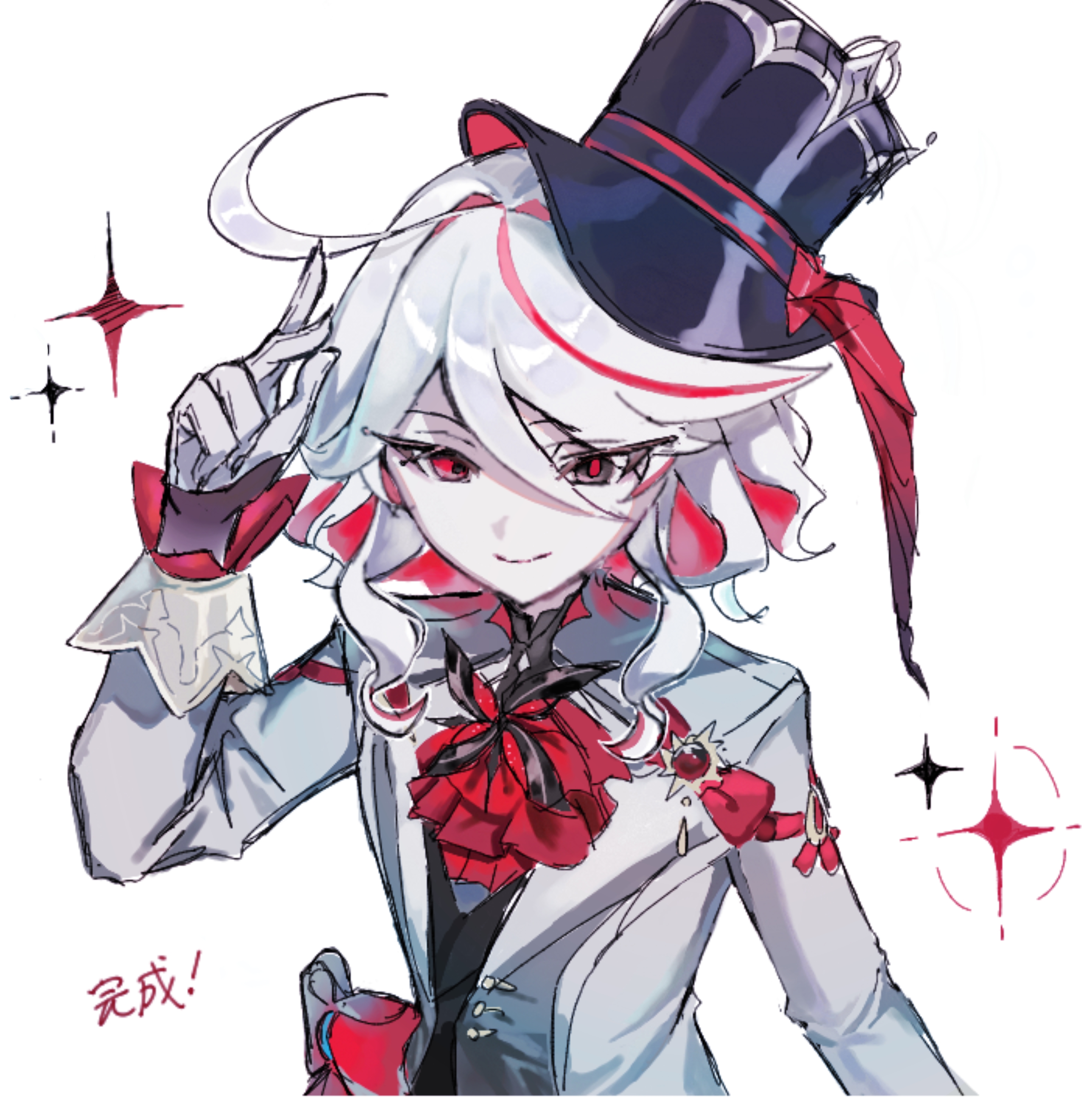 furina (genshin impact), genshin impact, absurdres, commentary request, highres, ahoge, alternate color, believer tamago, black hat, gloves, grey jacket, hand up, hat, jacket, long sleeves, multicolored hair, red hair, smile, streaked hair, top hat, white gloves, white hair