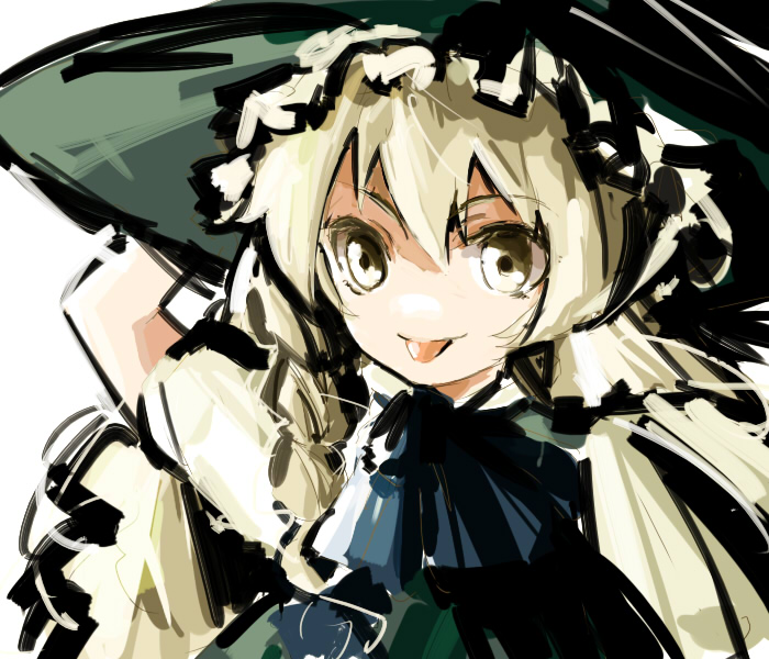 maromi (am97), kirisame marisa, touhou, bad id, bad pixiv id, 1girl, :p, blonde hair, braid, close-up, female focus, hand on headwear, hat, no nose, ribbon, side braid, sketch, solo, tongue, tongue out, witch, witch hat, yellow eyes