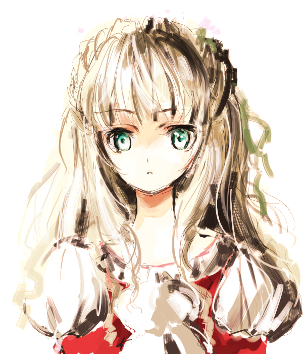 maromi (am97), claire bennett, tales of (series), tales of rebirth, bad id, bad pixiv id, 1girl, :<, aqua eyes, blonde hair, blue eyes, dress, female focus, green eyes, long hair, looking at viewer, simple background, solo, white background