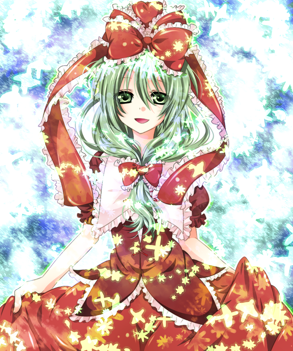 riichu, tisshu (pixiv), kagiyama hina, touhou, bad id, bad pixiv id, highres, 1girl, braid, female focus, frills, front ponytail, glitter, green eyes, green hair, hair ribbon, happy, ribbon, short hair, skirt hold, smile, solo, standing, twin braids