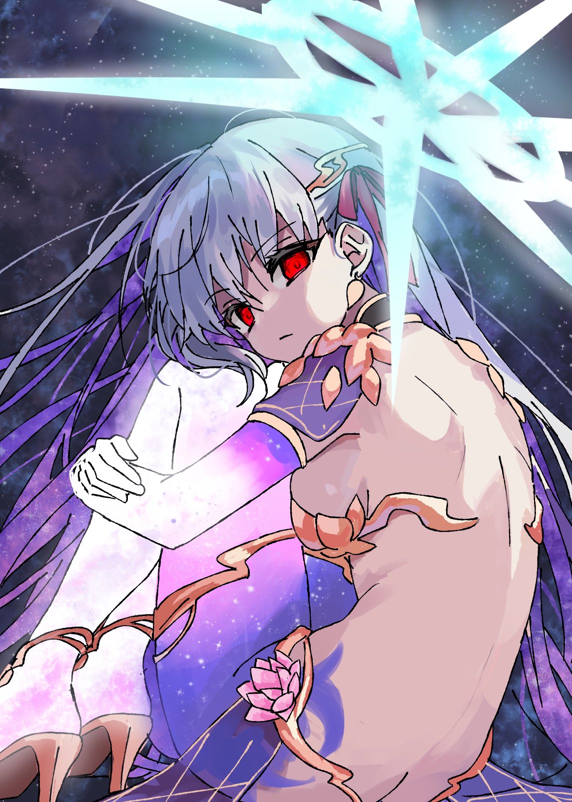kama (adult) (fate), kama (assassin) (third ascension) (fate), kama (fate), kama (third ascension) (fate), fate/grand order, fate (series), commentary request, highres, 1girl, breasts, butt crack, closed mouth, from behind, gradient hair, grey hair, hair ribbon, large breasts, long hair, looking at viewer, multicolored hair, purple hair, red eyes, red ribbon, revealing clothes, ribbon, sitting, solo, syst098, two-tone hair, very long hair