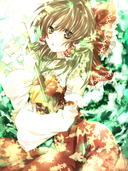 riichu, tisshu (pixiv), hakurei reimu, touhou, bad id, bad pixiv id, 1girl, brown eyes, brown hair, detached sleeves, female focus, gohei, japanese clothes, leaf, long hair, miko, sarashi, solo