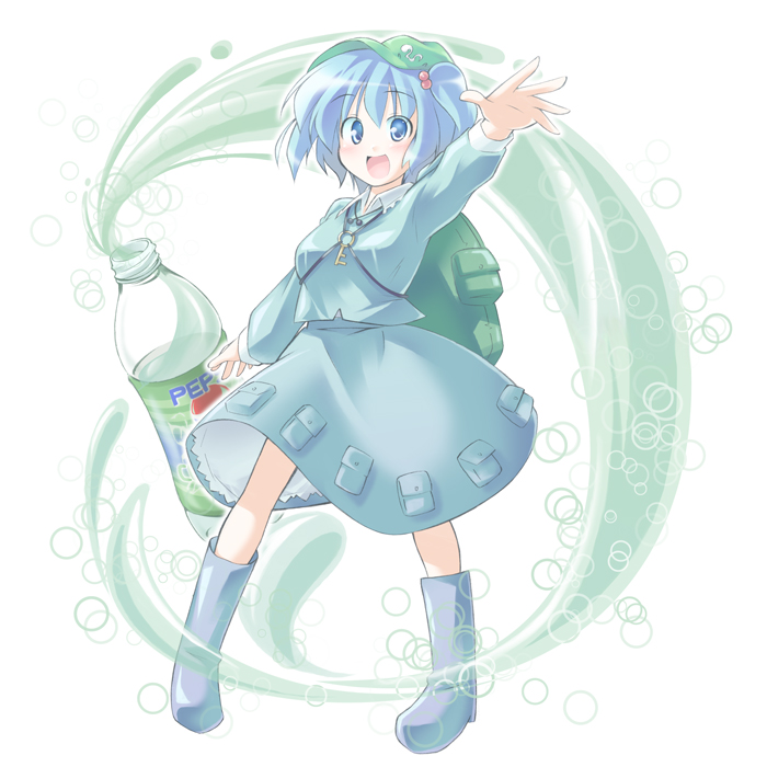 kibushi, kawashiro nitori, pepsi, touhou, 1girl, blue eyes, blue hair, female focus, full body, hair bobbles, hair ornament, hat, matching hair/eyes, pepsi ice cucumber, skirt, solo, twintails, two side up, white background