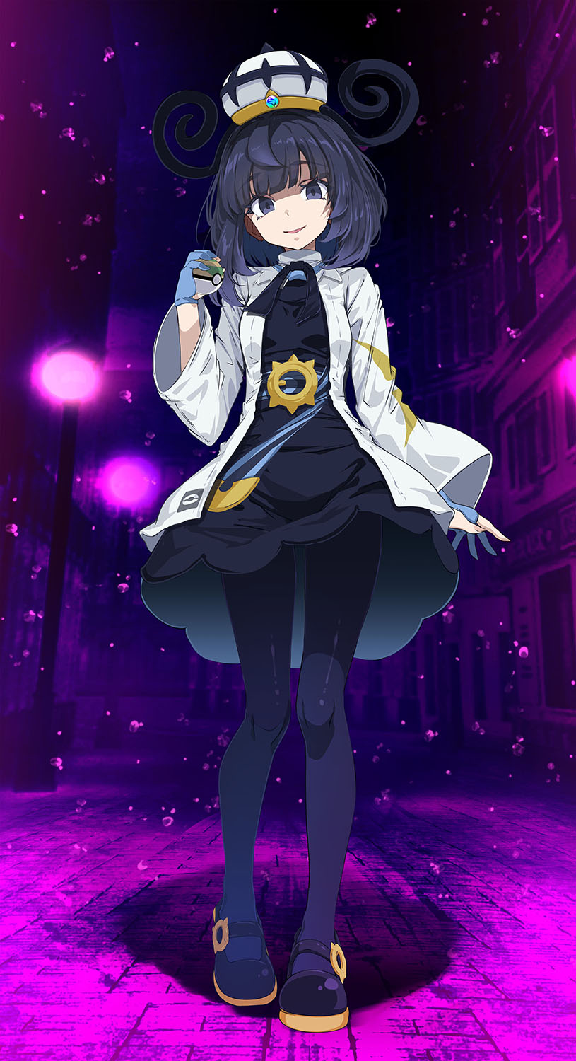 tsukishiro saika, gwynn (pokemon), nintendo, pokemon, pokemon legends: z-a, highres, 1girl, blunt bangs, coat, gloves, nest ball, poke ball, purple eyes, purple hair, short hair, solo, white coat