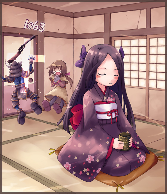 yakka, acolyte (ragnarok online), ancient firelock, miyabi doll, ragnarok online, bad id, bad pixiv id, > <, black hair, closed eyes, gun, hair ribbon, japanese clothes, jumping, kimono, long hair, ribbon, rifle, seiza, sitting, tea, weapon