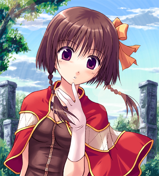 yakka, creator (ragnarok online), ragnarok online, bad id, bad pixiv id, braid, brown hair, cape, gloves, hair ribbon, purple eyes, ribbon, short hair, solo, twin braids