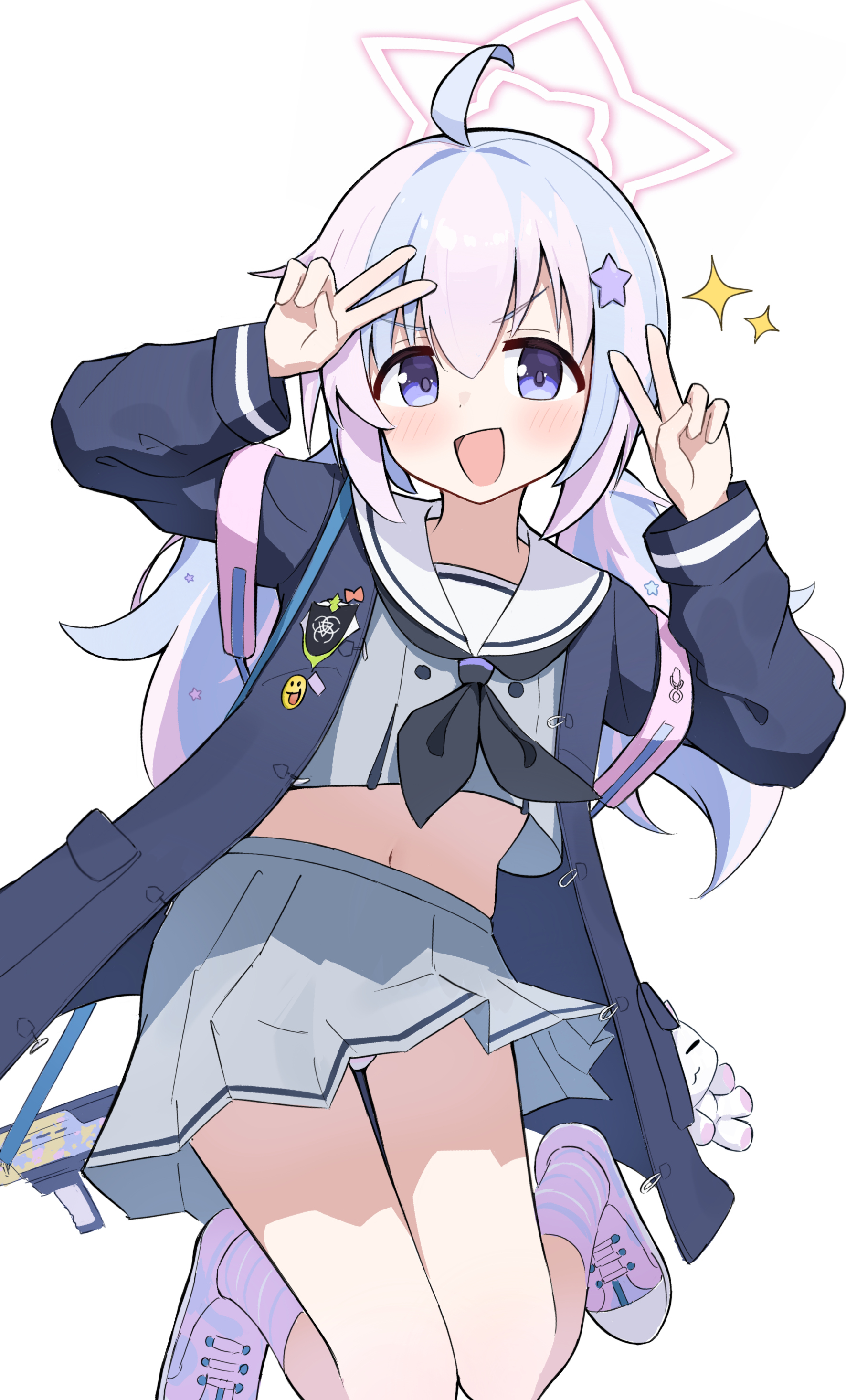 inedibleparts, reisa (blue archive), blue archive, absurdres, commentary, highres, 1girl, :d, ahoge, black neckerchief, blue hair, blush, double v, grey serafuku, grey shirt, grey skirt, hair ornament, halo, hands up, jacket, knees together feet apart, long hair, long sleeves, midriff, multicolored hair, navel, neckerchief, open clothes, open jacket, open mouth, panties, pantyshot, pink bag, pink hair, pink halo, pink shoes, pleated skirt, purple eyes, sailor collar, school uniform, serafuku, shirt, shoes, simple background, skirt, smile, socks, solo, sparkle, star (symbol), star hair ornament, star halo, striped clothes, striped socks, twintails, two-tone hair, underwear, v, v-shaped eyebrows, white background, white sailor collar