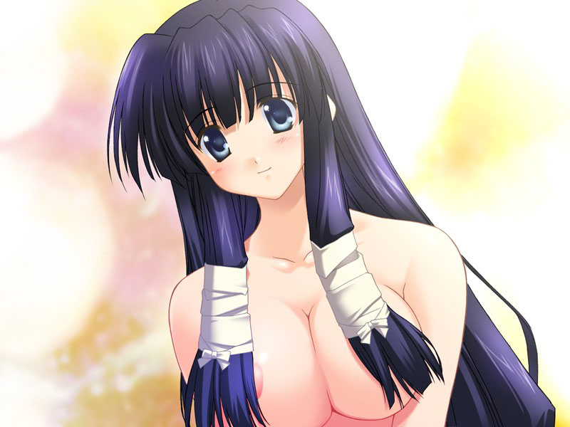 goma satoshi, munakata aoi, oshiete miko sensei, game cg, 1girl, blue eyes, blue hair, blush, breasts, censored, convenient censoring, female focus, hair censor, hair over breasts, large breasts, long hair, matching hair/eyes, nude, solo