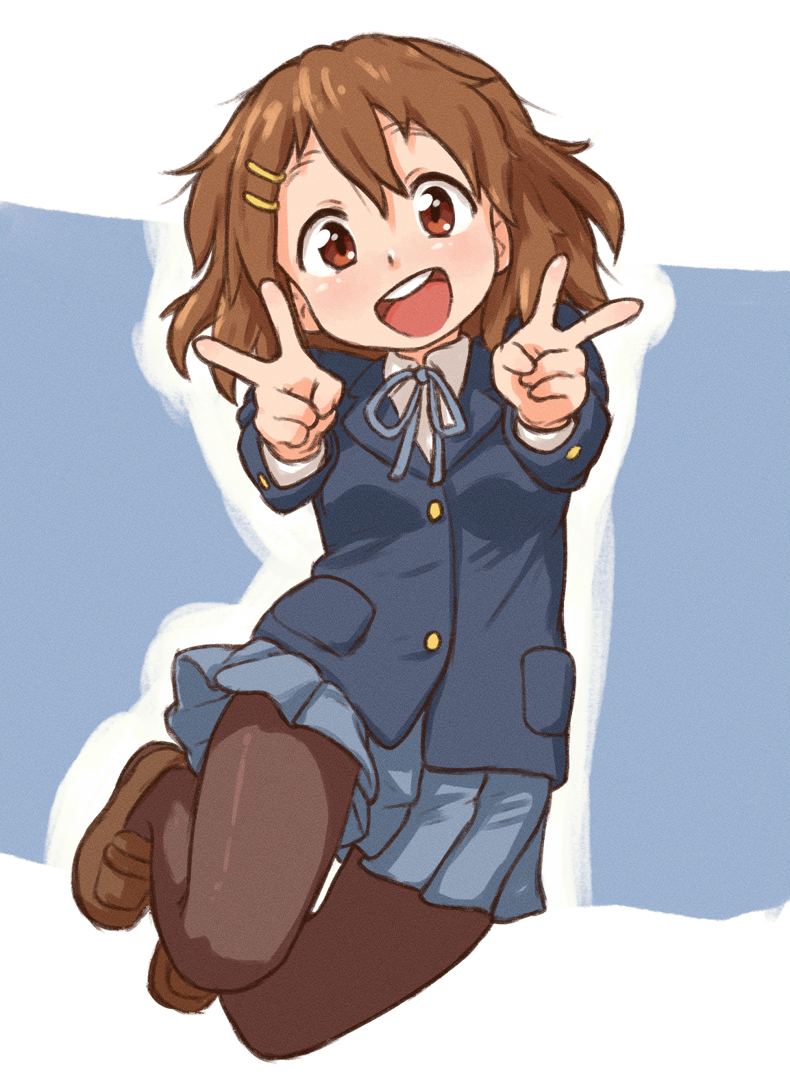 beachepisode, hirasawa yui, k-on!, highres, 1girl, blue skirt, blush, breasts, brown eyes, brown hair, brown pantyhose, brown shoes, double-parted bangs, double v, full body, hair between eyes, hair ornament, hairclip, loafers, looking at viewer, open mouth, pantyhose, parallel hairclips, pleated skirt, sakuragaoka high school uniform, school uniform, shoes, short hair, skirt, small breasts, smile, solo, teeth, tongue, upper teeth only, v