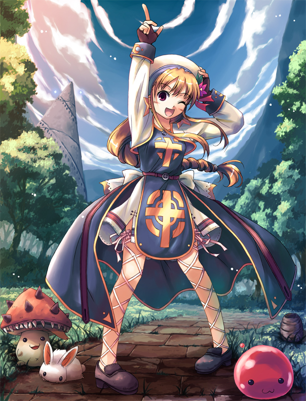 yakka, arch bishop (ragnarok online), archbishop (ro), lunatic (ragnarok online), poring, pupa (ragnarok online), spore, spore (ragnarok online), ragnarok online, bad id, bad pixiv id, 1girl, :3, ball, blonde hair, braid, cloud, day, female focus, hat, long hair, monster, one eye closed, sky, solo, tree, wink
