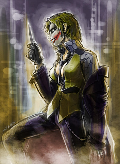 jw, the joker, batman (series), dc comics, the dark knight, 1girl, animification, blood, breasts, cityscape, cleavage, earrings, female focus, formal clothes, genderswap, genderswap (mtf), glasgow smile, gloves, green hair, jewelry, knife, medium breasts, messy hair, necktie, solo, suit