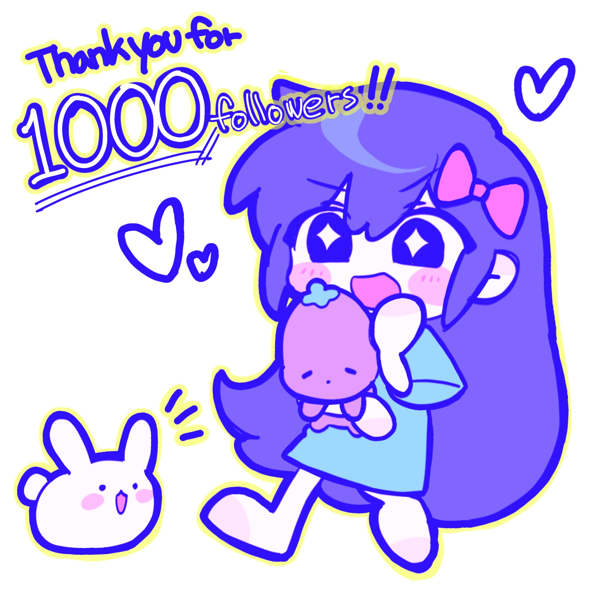 iomor snuuy, aubrey (headspace) (omori), aubrey (omori), forest bunny (omori), mr. plantegg (omori), omori, commentary request, highres, korean commentary, + +, 1girl, :d, animal, barefoot, blue dress, blush, bow, bright pupils, chibi, chibi only, colored skin, double-parted bangs, dress, hair between eyes, hair bow, hand on own cheek, hand on own face, hand up, heart, holding, holding stuffed toy, long hair, looking ahead, medium dress, milestone celebration, open mouth, outline, pink bow, purple eyes, purple hair, rabbit, short sleeves, simple background, smile, solo, standing, standing on one leg, stuffed animal, stuffed eggplant, stuffed toy, v-shaped eyebrows, very long hair, white background, white pupils, white rabbit (animal), white skin, yellow outline