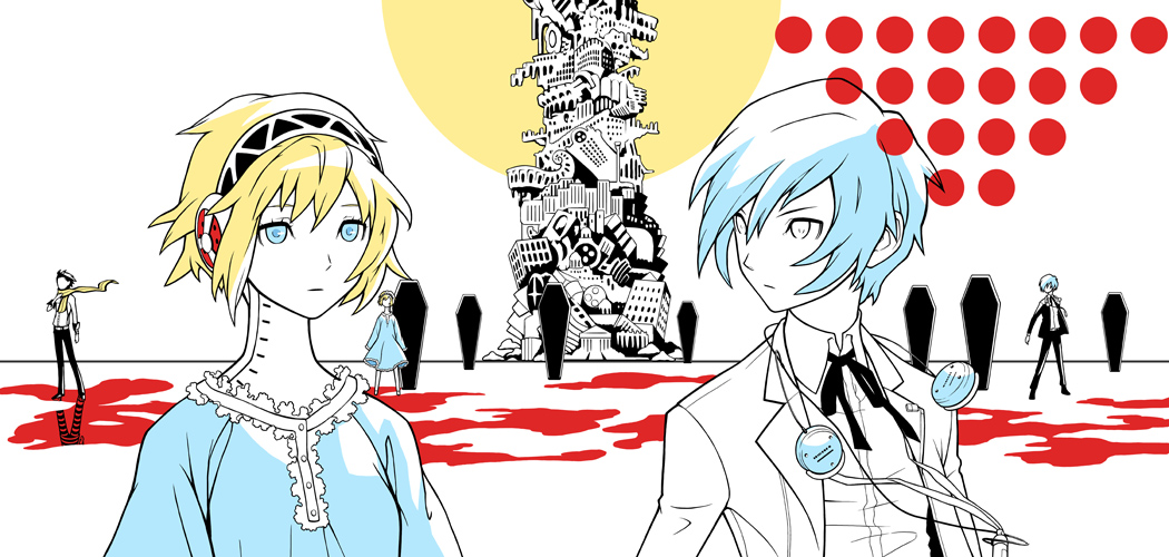 deretta, aigis (persona), mochizuki ryouji, yuuki makoto (persona 3), atlus, persona, persona 3, 1girl, 2boys, alternate costume, blonde hair, blood, blue eyes, coffin, headphones, multiple boys, robe, scarf, school uniform, short hair, tower