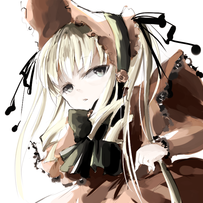 maromi (am97), shinku, rozen maiden, bad id, bad pixiv id, 00s, 1girl, blonde hair, bonnet, bow, bowtie, capelet, dress, female focus, green bow, green bowtie, green eyes, looking at viewer, red dress, simple background, solo, upper body, white background