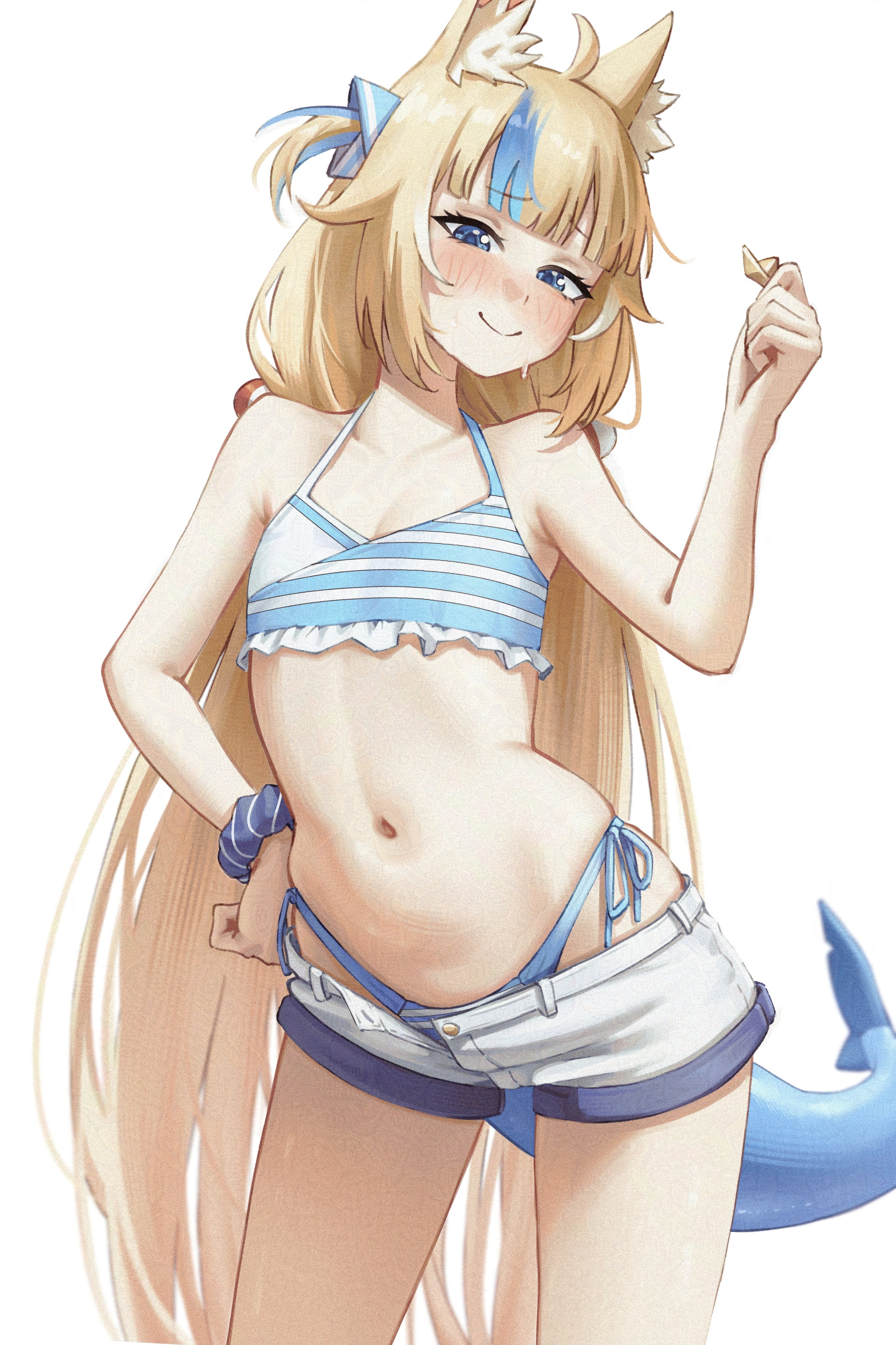 samukzz, sameko saba, indie virtual youtuber, absurdres, adversarial noise, commentary, english commentary, highres, revision, 1girl, :3, ahoge, animal ears, armpit crease, armpits, bikini, bikini bottom under shorts, bikini under clothes, blonde hair, blue bikini, blue bow, blue eyes, blue hair, blunt bangs, bow, cat ears, closed mouth, fins, fish girl, fish tail, flat chest, frilled bikini, frills, hair bow, hand on own hip, hand up, highleg, highleg bikini, lifebuoy hair ornament, looking at viewer, low twintails, multicolored hair, navel, one side up, scrunchie, short shorts, shorts, side-tie bikini bottom, simple background, solo, stomach, streaked hair, swimsuit, tail, twintails, virtual youtuber, white background, white hair, white shorts, wrist scrunchie