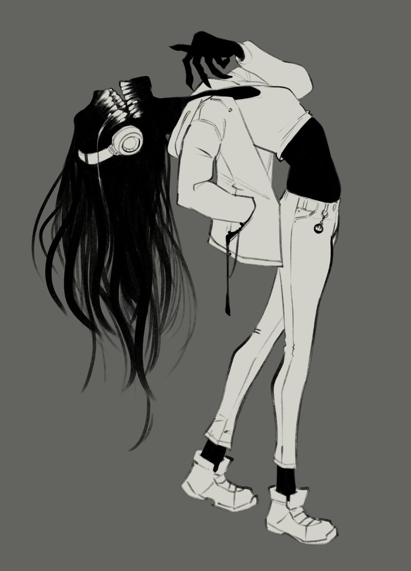 psuede, original, 1girl, black hair, black skin, breasts, colored skin, grey background, hand in pocket, headphones, jacket, long hair, medium breasts, midriff, open mouth, pants, shirt, shoes, simple background, solo, white jacket, white pants, white shirt, white shoes