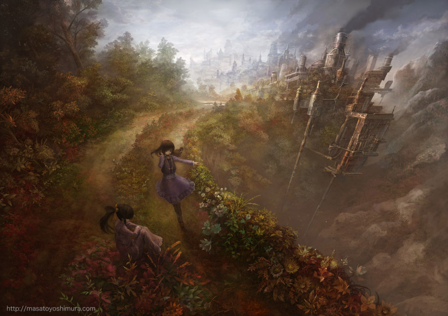 yoshimura masato, 2girls, chimney, cliff, flower, mountain, multiple girls, smoke, tree