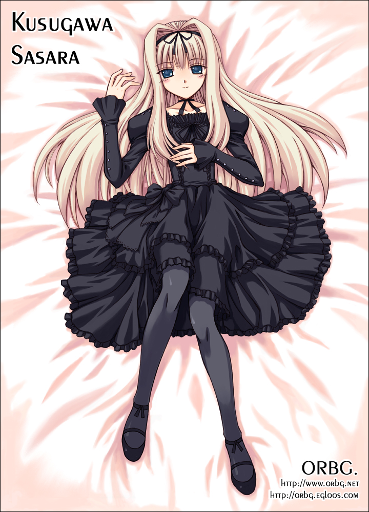 orebalgum, kusugawa sasara, to heart (series), to heart 2, to heart 2 ad, 00s, blonde hair, blue eyes, bow, child, dress, flat chest, gothic lolita, hairband, lace, lolita fashion, long hair, lying, pantyhose, ribbon, solo