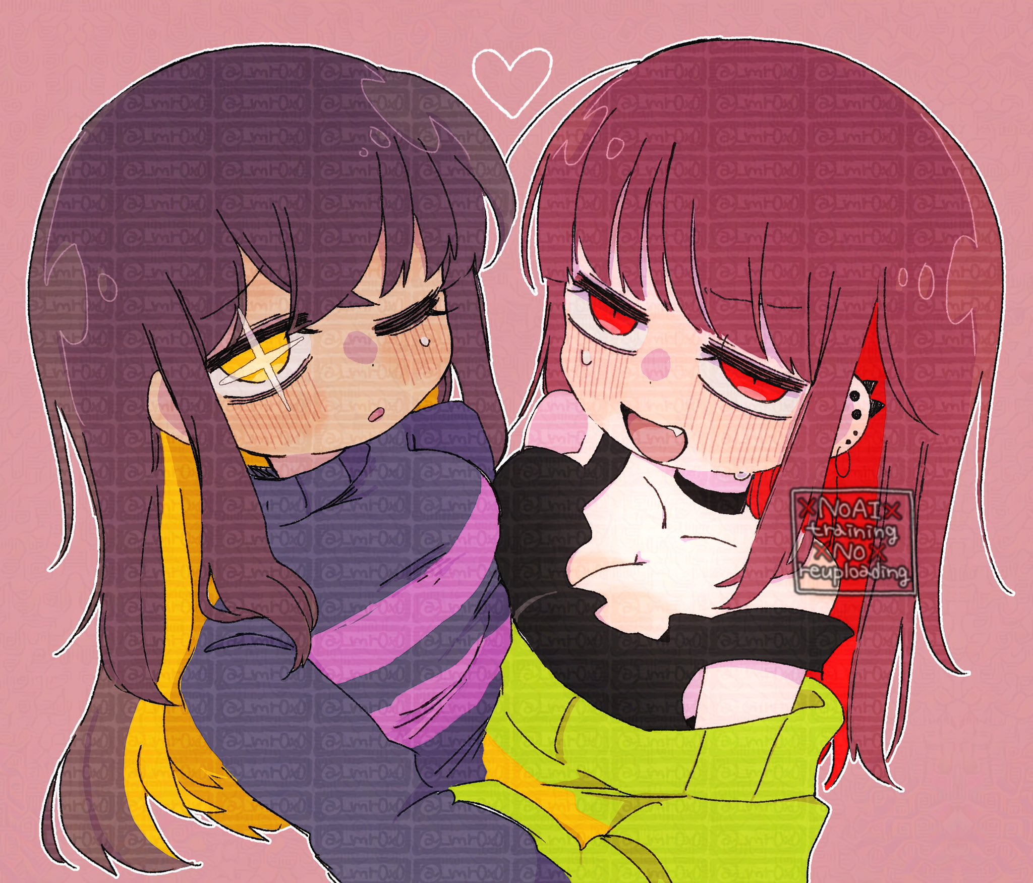 mr0x0, chara (undertale), frisk (undertale), undertale, utdr (toby fox), commentary request, highres, + +, 2girls, :d, ;o, aged up, asymmetrical docking, bare shoulders, black choker, black tank top, blonde hair, blush, breast press, breasts, brown hair, choker, cleavage, collarbone, colored inner hair, crossed bangs, earrings, fang, from above, genderswap, genderswap (otf), green sweater, grey sweater, hair between eyes, heart, jewelry, jitome, long hair, long sleeves, looking at viewer, medium breasts, multicolored hair, multiple girls, off-shoulder sweater, off shoulder, one eye closed, open mouth, outline, pink sweater, puffy long sleeves, puffy sleeves, raised inner eyebrows, red background, red eyes, red hair, sidelocks, simple background, smile, spiked ear piercing, strap slip, striped clothes, striped sweater, sweat, sweater, swept bangs, tank top, tongue, too many watermarks, turtleneck, turtleneck sweater, two-tone hair, two-tone sweater, unusually open eyes, upper body, v-shaped eyebrows, watermark, white outline, yellow eyes, yellow sweater, yuri