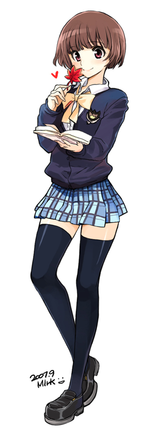 mirk, book, bow, brown eyes, brown hair, flower, heart, legs, school uniform, short hair, skirt, solo, thighhighs, zettai ryouiki