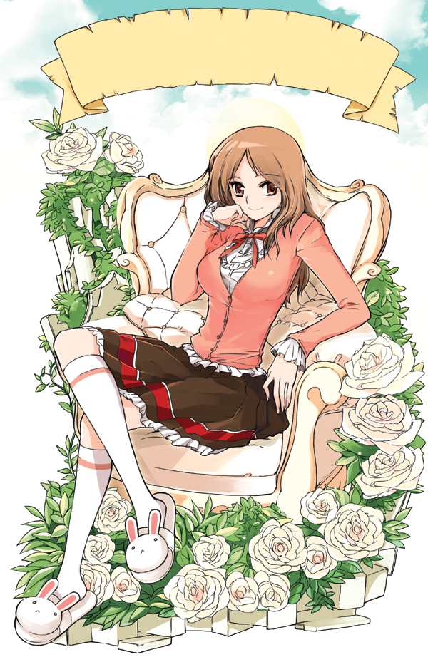mirk, animal slippers, bow, brown hair, bunny slippers, cloud, flower, kneehighs, lace, leaf, legs, long hair, red eyes, ribbon, school uniform, skirt, sky, slippers, socks, solo, sun