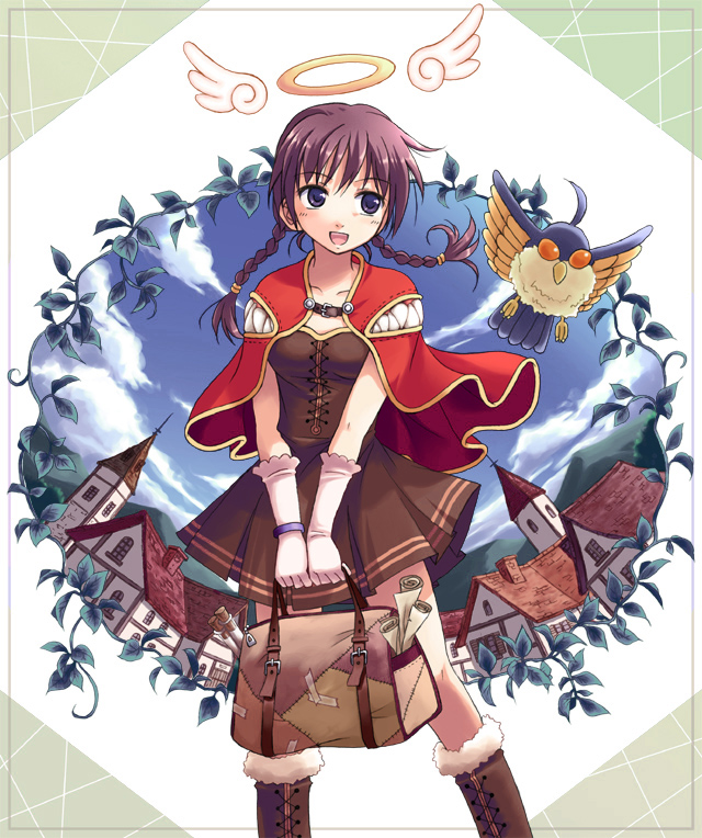 yakka, creator (ragnarok online), filir, filir (ragnarok online), ragnarok online, homunculus, bad id, bad pixiv id, 1girl, bird, blue eyes, boots, braid, brown boots, cape, female focus, gloves, halo, head wings, long hair, purple hair, skirt, solo, traditional halo, twin braids, wings, wristband