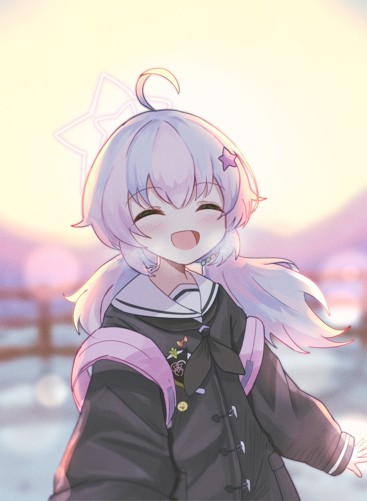 uttsu (yumaviviane), reisa (blue archive), blue archive, commentary, highres, 1girl, :d, ^ ^, ahoge, beads, black jacket, black neckerchief, blue hair, blush, breath, closed eyes, hair beads, hair ornament, halo, happy, jacket, long hair, long sleeves, multicolored hair, neckerchief, open mouth, outdoors, pink bag, pink hair, pink halo, sailor collar, school uniform, serafuku, smile, snow, solo, star (symbol), star hair ornament, star halo, sunrise, twintails, two-tone hair, white sailor collar