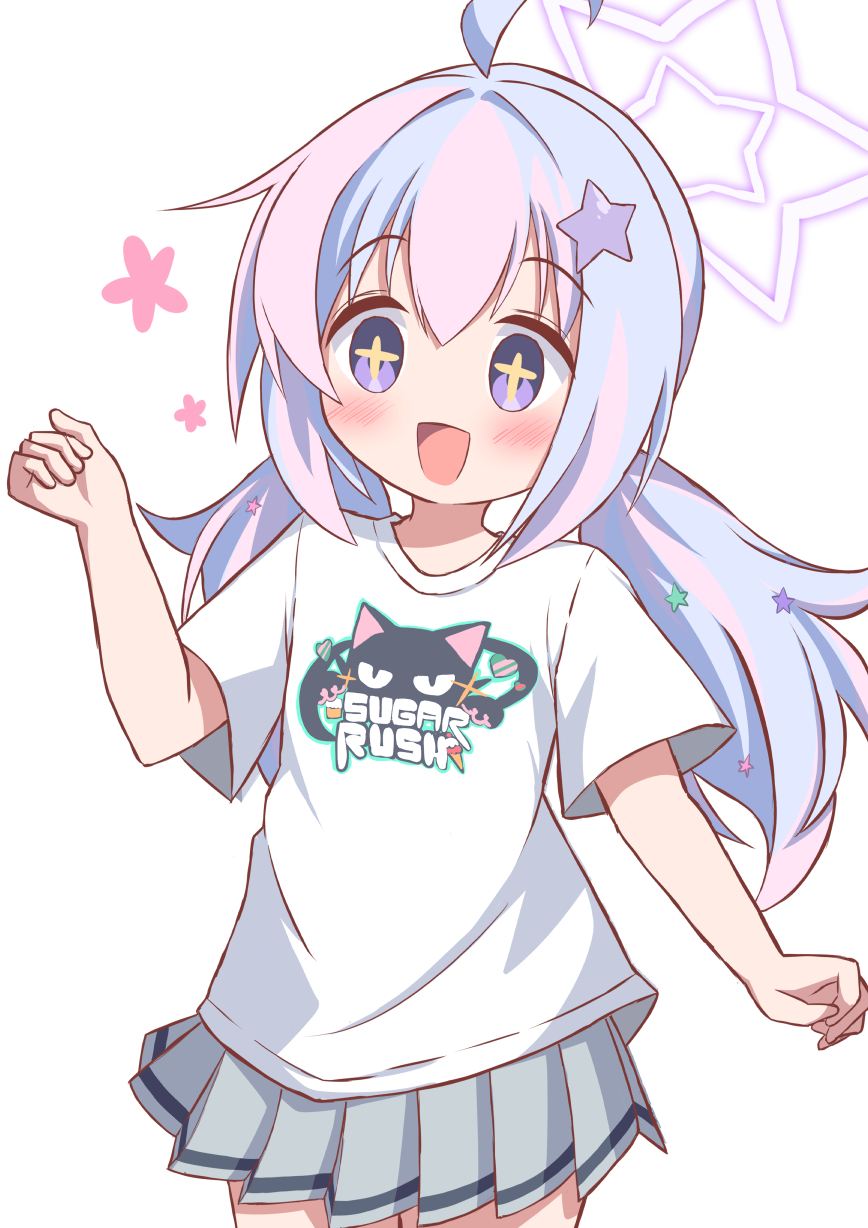 yuki (user tjvn3757), reisa (blue archive), blue archive, commentary, highres, + +, 1girl, :d, ahoge, animal print, blue hair, blush, cat print, cowboy shot, grey skirt, hair ornament, halo, hand up, happy, long hair, multicolored hair, open mouth, pink hair, pink halo, pleated skirt, print shirt, purple eyes, shirt, short sleeves, simple background, skirt, smile, solo, star (symbol), star hair ornament, star halo, t-shirt, twintails, two-tone hair, white background, white shirt