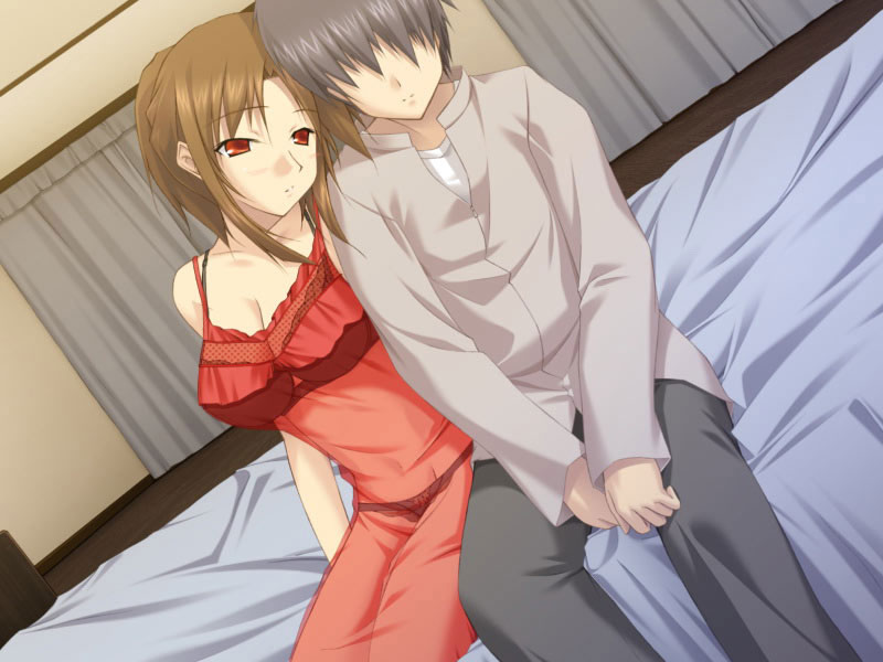 higo oukoku, rin kougyoku, piano ~kouroukan no reijou-tachi~, game cg, 1boy, 1girl, bed, brown hair, couple, dutch angle, hetero, no eyes, red eyes, see-through clothes