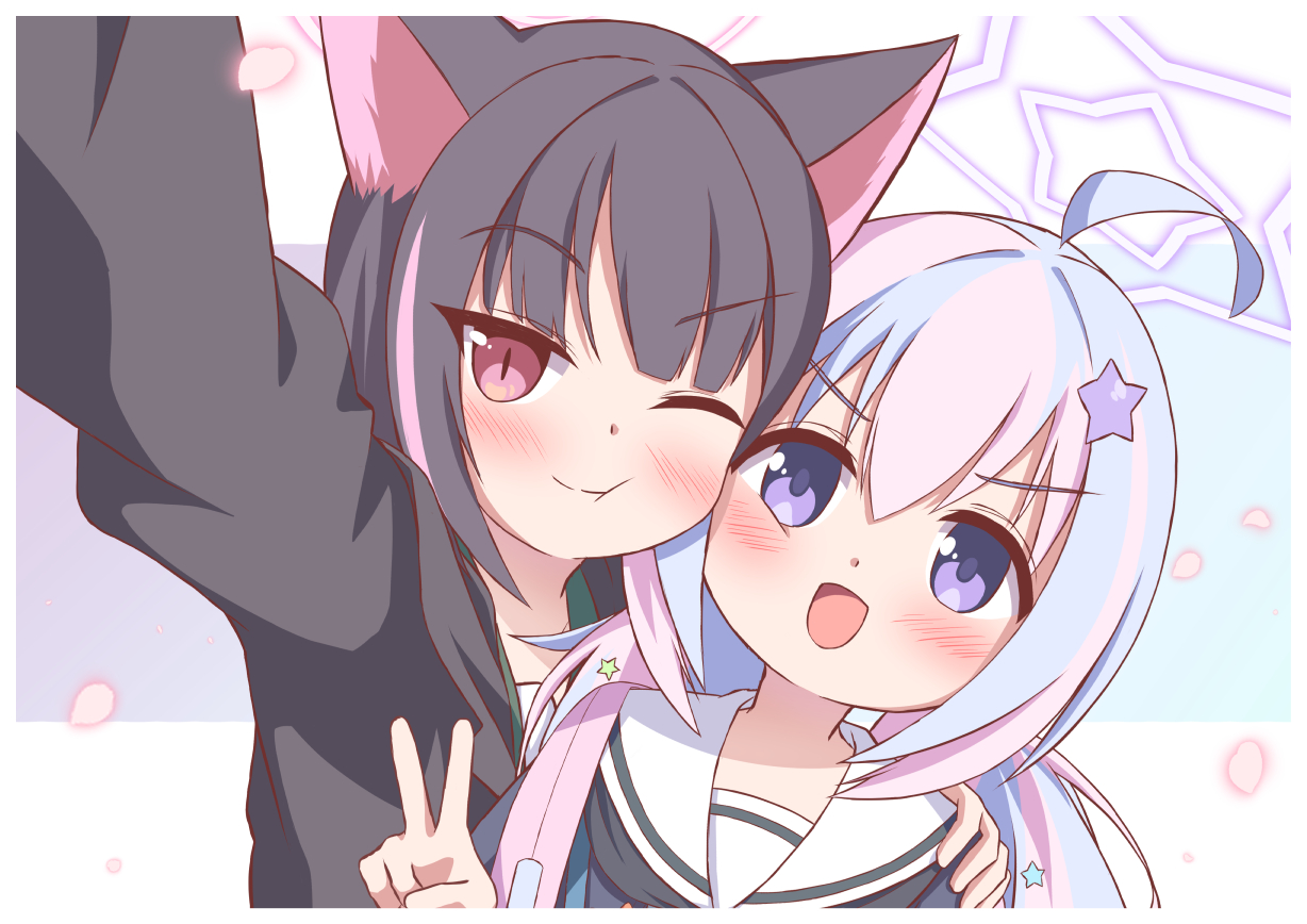 yuki (user tjvn3757), kazusa (blue archive), reisa (blue archive), blue archive, commentary, 2girls, :d, ahoge, animal ears, arm up, black hair, black hoodie, blue hair, blush, cat ears, cat girl, cheek-to-cheek, hair ornament, halo, hand on another's shoulder, heads together, hood, hood down, hoodie, long hair, medium hair, multicolored hair, multiple girls, one eye closed, open mouth, pink bag, pink hair, pink halo, purple eyes, red eyes, sailor collar, selfie, smile, star (symbol), star hair ornament, star halo, twintails, two-tone hair, v, white sailor collar