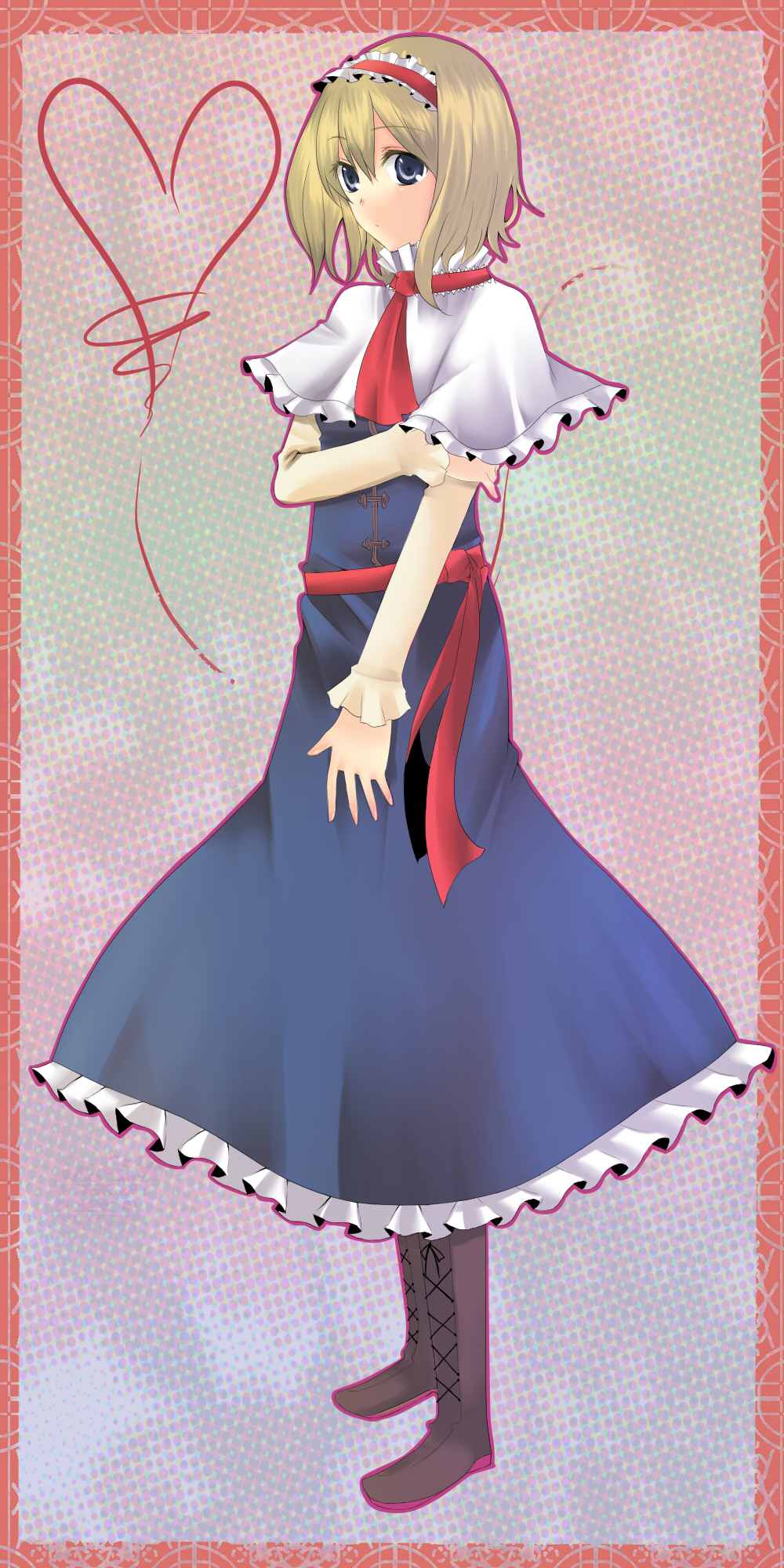 tateyama, alice margatroid, touhou, highres, 1girl, blonde hair, blue eyes, boots, brown boots, female focus, full body, ribbon, solo, standing
