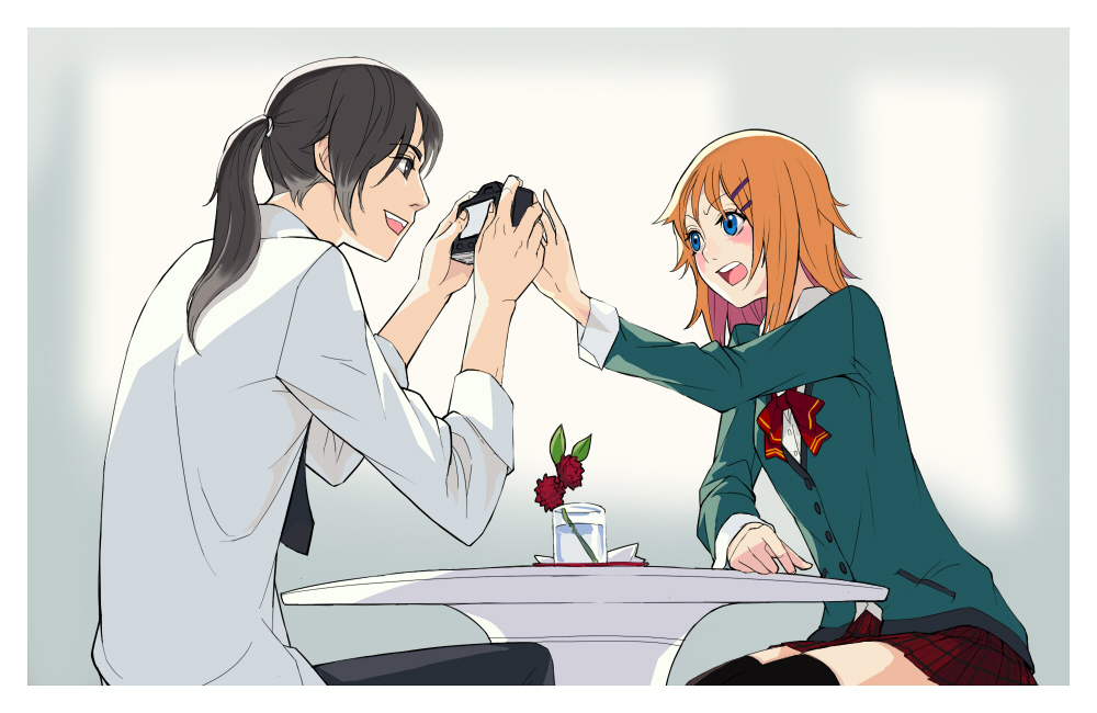 noel0, noel (pixiv3050150), original, 1boy, 1girl, black hair, blue eyes, blush, camera, cardigan, couple, hair ornament, hairclip, hetero, orange hair, ponytail, school uniform