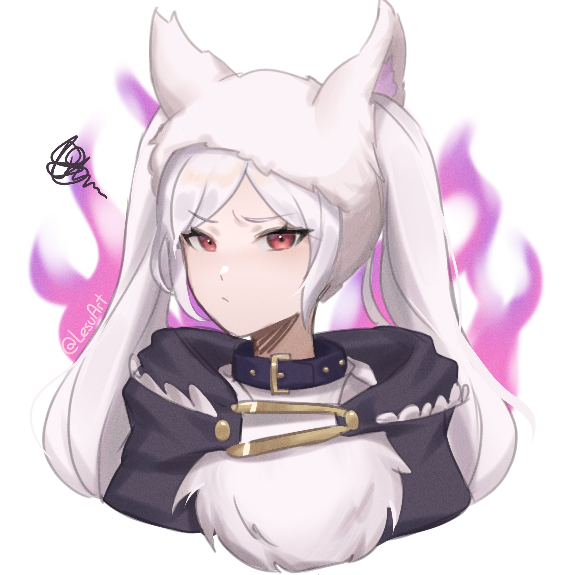 lesu, female robin (fire emblem), female robin (grima) (fire emblem), female robin (grima) (halloween) (fire emblem), fire emblem, fire emblem awakening, fire emblem heroes, nintendo, highres, 1girl, animal ears, annoyed, closed mouth, fake animal ears, fire, fur trim, halloween costume, long hair, official alternate costume, purple fire, red eyes, simple background, solo, squiggle, twintails, twitter username, white background, white hair