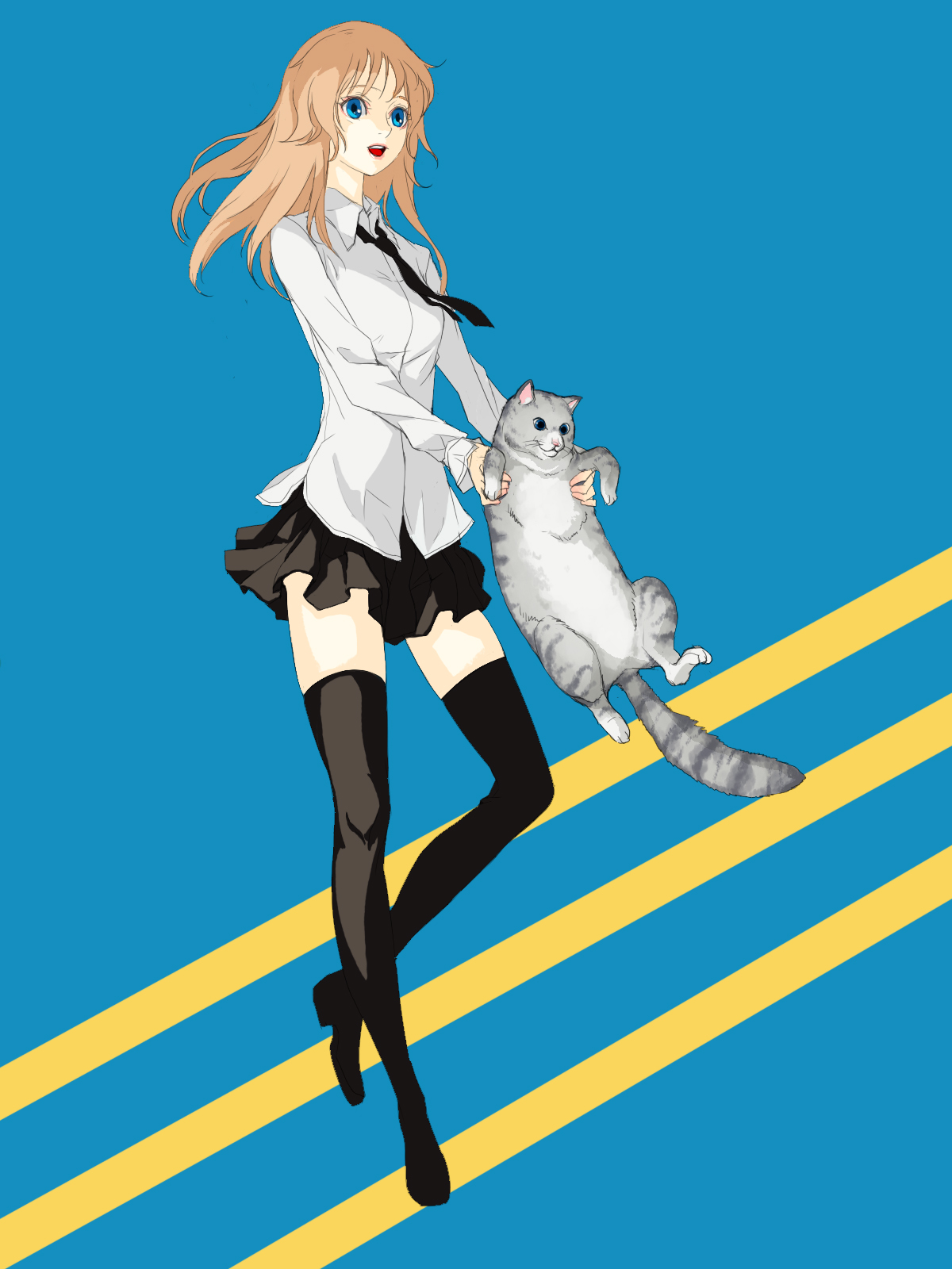 noel0, noel (pixiv3050150), original, light brown hair, highres, animal, black thighhighs, blonde hair, blue eyes, cat, dress shirt, holding, necktie, shirt, skirt, smile, solo, thighhighs