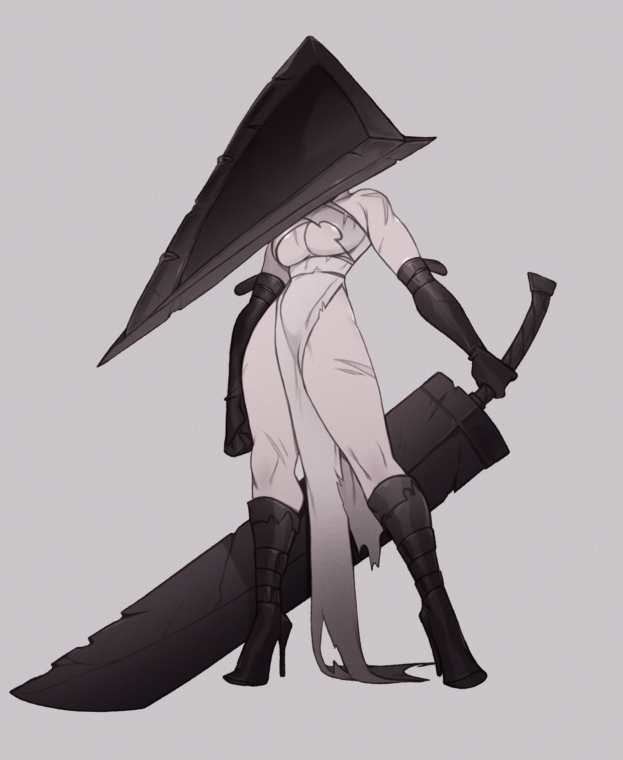 punipaws, great knife, pyramid head, silent hill (series), silent hill 2, highres, 1girl, black shoes, boots, breasts, elbow gloves, full body, genderswap, genderswap (mtf), gloves, helmet, high heel boots, high heels, holding, holding weapon, object head, pyramid (structure), shoes, simple background, solo, sword, weapon