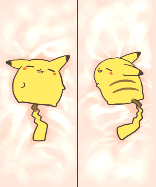 rias-shiki kawaii, pikachu, nintendo, pokemon, bad id, bad pixiv id, chibi, dakimakura (medium), gen 1 pokemon, multiple views, no humans, parody, pokemon (creature), pokemon focus, sleeping