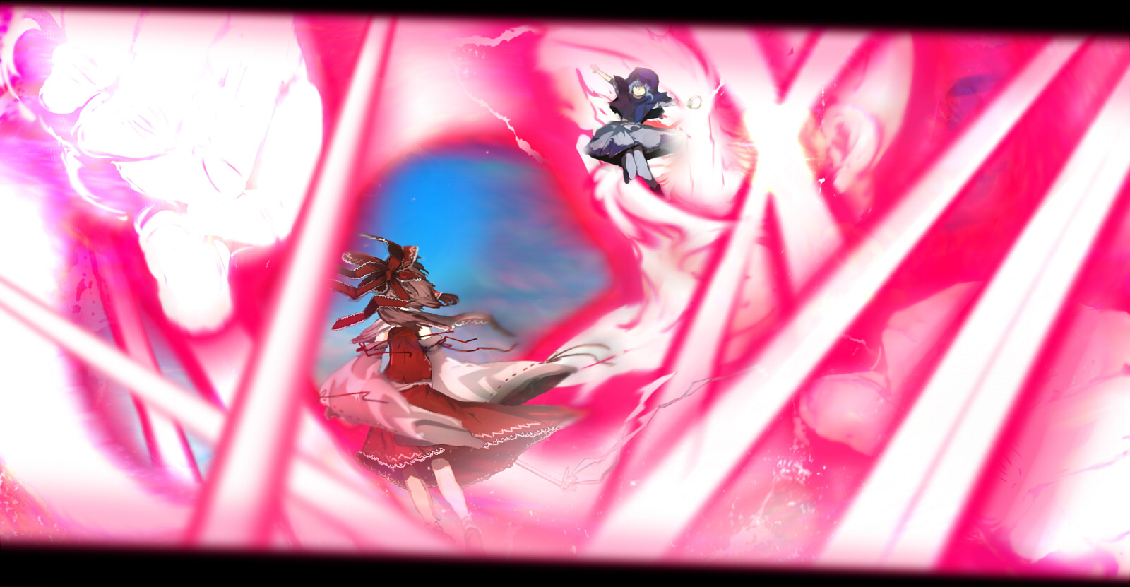 yoshioka yoshiko, hakurei reimu, kumoi ichirin, unzan, touhou, highres, battle, bow, clenched hand, danmaku, detached sleeves, hair bow, hood, japanese clothes, laser, miko