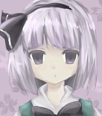 ohigan, konpaku youmu, touhou, bad id, bad pixiv id, lowres, 1girl, female focus, portrait, purple background, solo