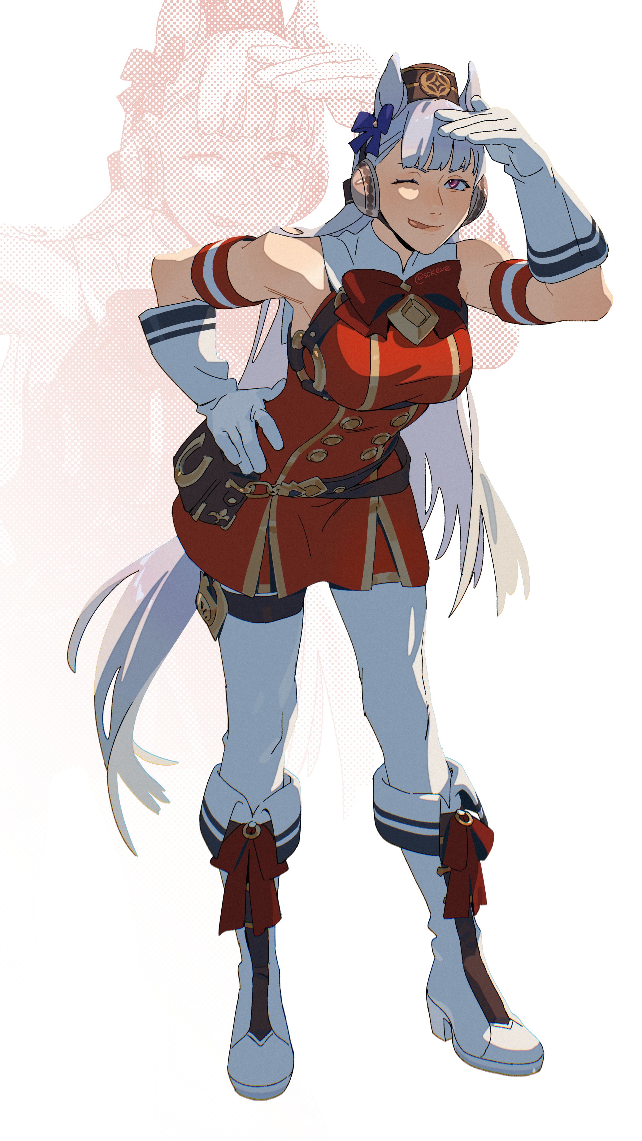 sokeve, gold ship (red strife) (umamusume), gold ship (umamusume), umamusume, absurdres, commentary, highres, symbol-only commentary, 1girl, animal ears, artist name, bare shoulders, blue bow, blunt bangs, boots, bow, breasts, brown bag, brown hat, buttons, chest bow, dress, ear bow, full body, gloves, grey hair, hand on own hip, hand up, hat, horse ears, horse girl, horse tail, large breasts, long hair, looking at viewer, muscular, muscular female, one eye closed, pantyhose, red bow, red dress, red eyes, simple background, sleeveless, sleeveless dress, smile, solo, standing, tail, thigh strap, tongue, tongue out, v-shaped eyebrows, white background, white boots, white gloves, white pantyhose, zoom layer