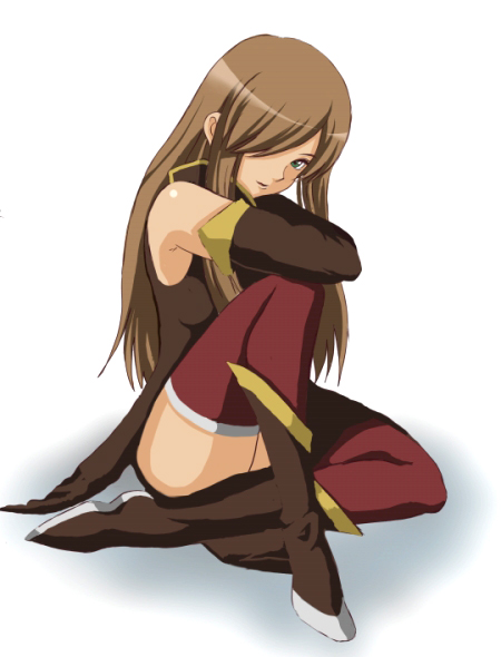 morimorigenki, tear grants, tales of (series), tales of the abyss, 00s, 1girl, blue eyes, boots, brown hair, detached sleeves, dress, female focus, hair over one eye, long hair, sitting, solo, thighhighs